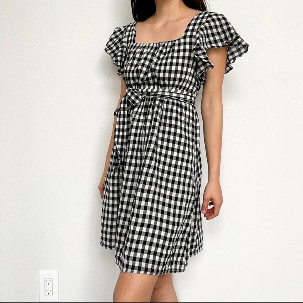 Modcloth Black and White Gingham Square-Neck Midi Dress Size S